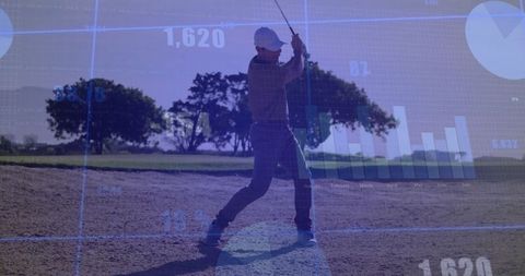 Golfer in Sand Bunker with Digital Data Overlay Outdoors