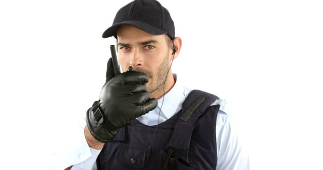 Security guard wearing uniform and gloves, using walkie-talkie for communication while looking serious. Ideal for depicting security services, law enforcement themes, and professional security personnel scenarios.