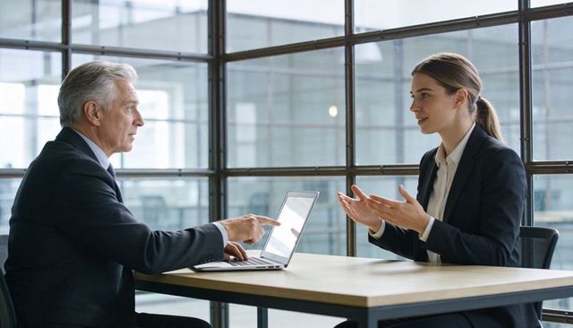 Senior executive pointing at laptop, young manager explaining strategy in glass office