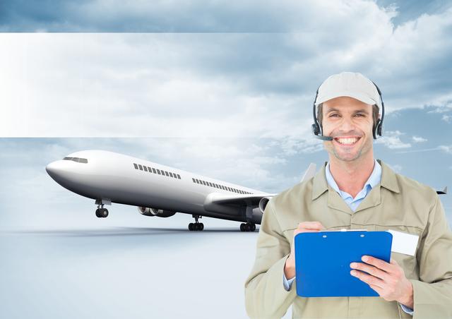 Digital composition of delivery man holding clipboard against airplane in background