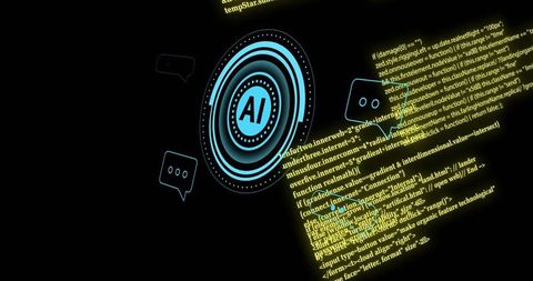 Glowing cyan ai emblem pulsing on holographic interface with neon code and chat icons