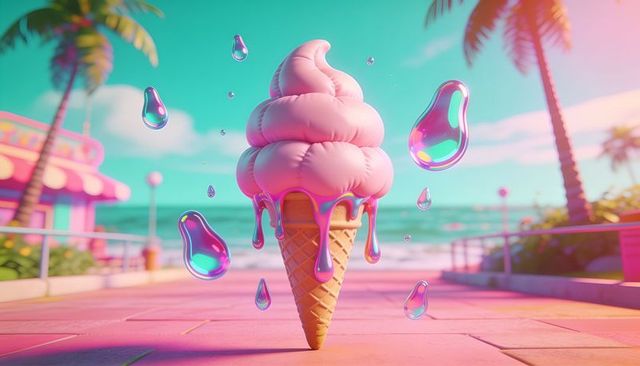 Pastel pink soft-serve melting on waffle cone with iridescent droplets on seaside boardwalk
