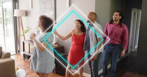 Diverse friends celebrating in living room with neon geometric overlay and casual outfits