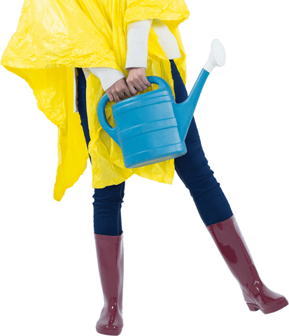 Woman in Yellow Raincoat Holding Blue Watering Can on Transparent Background