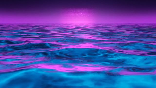 Neon ocean rippling under magenta orb grid horizon, synthwave cyan waves and glowing light