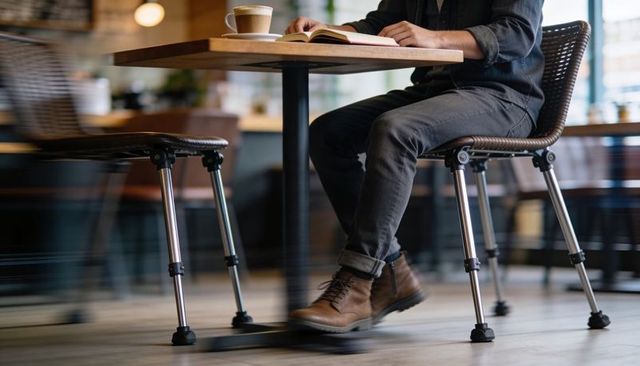 Man reading at cafe table with latte and open book, wearing dark jeans, jacket and boots