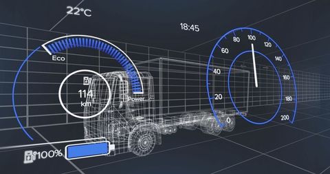 Futuristic truck wireframe with digital dashboard interfaces