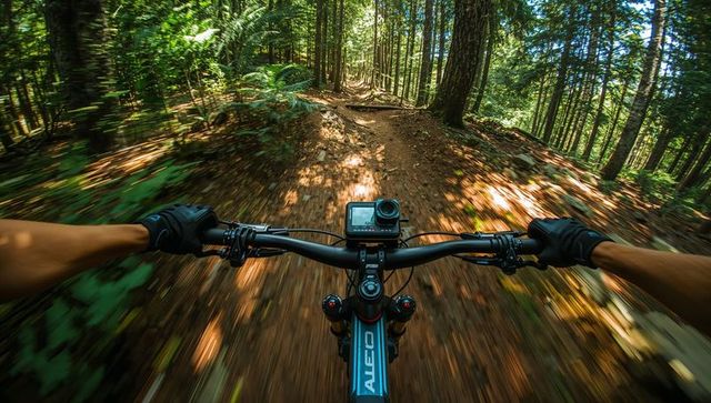 Cyclist exploring rugged forest on mountain bike with action camera
