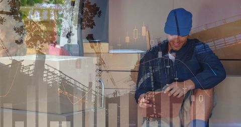 Courier managing deliveries with financial growth overlay