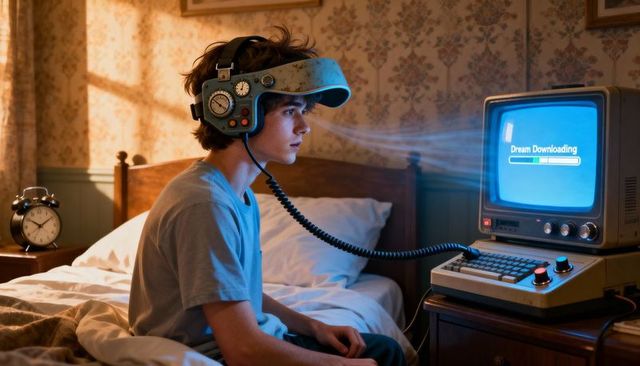 Teen wearing retro dream-downloading headgear connecting to vintage crt computer