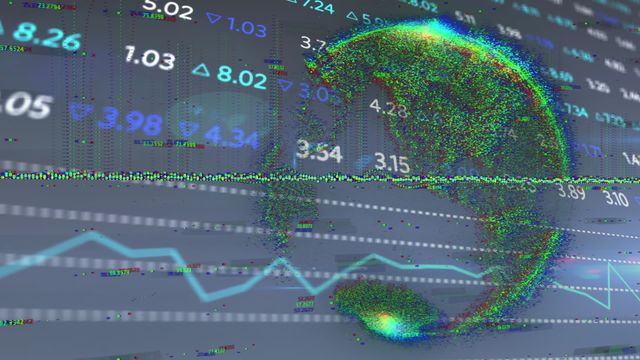 Digital animation showcasing diverse financial data intersected artistically with a globe, highlighting global market trends and technological advancements. Perfect for illustrating articles and reports on global finance, investments, stock market analysis, trading, and economic trends, as well as for use in finance-focused presentations and digital marketing materials.