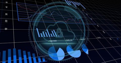 Displaying holographic cloud padlock with data charts in neon 3D cybersecurity dashboard