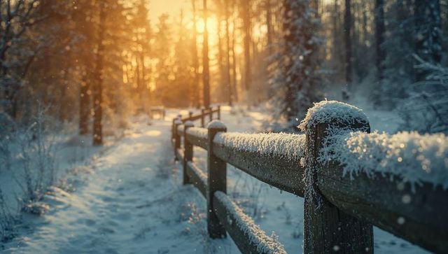 Magical winter sunrise dusts fence with snow in forest