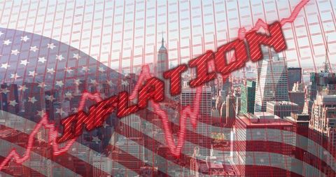 Rising inflation graph spelling inflation over city skyline with faint american flag overlay