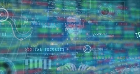 Cybersecurity specialist analyzing digital interface with data graphics