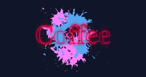 Neon coffee text with colorful paint splashes