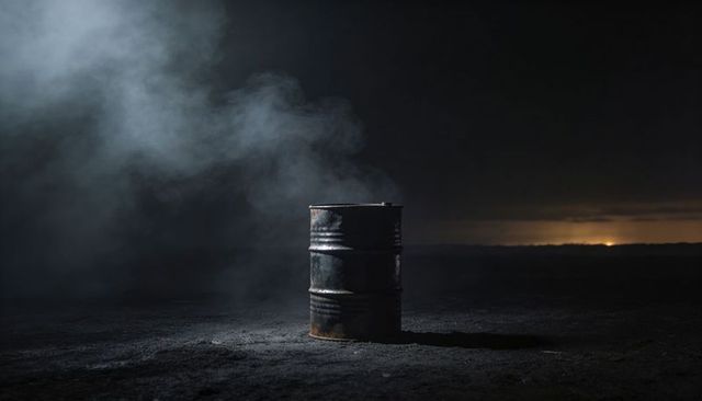 Rusted Steel Barrel Emitting Smoke on Charred Ground at Night with Dramatic Spotlight