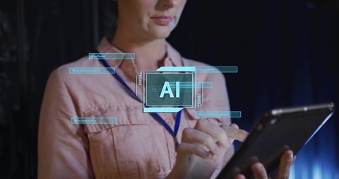 Technician using digital tablet in server room with ai interface