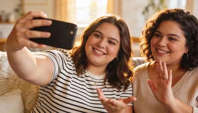 Smiling friends taking selfie on sunlit living room sofa with smartphone and wave