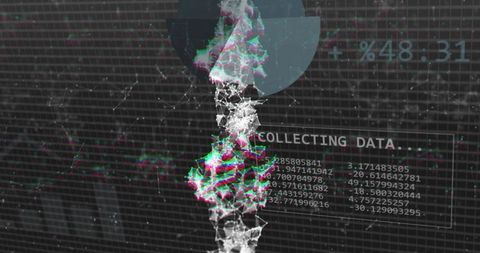 Vertical Data Stream with Wireframe Nodes and Glitch Neon Network HUD Display