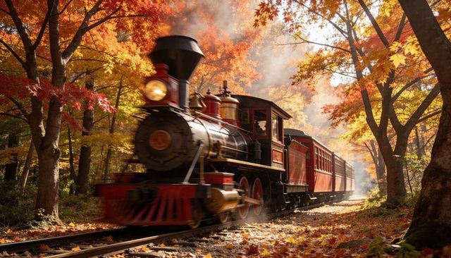 Vintage steam locomotive racing through golden autumn forest with red passenger coaches