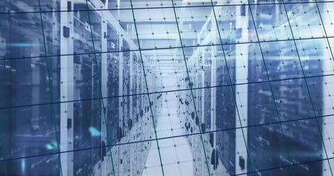 Futuristic Data Center Server Racks with Network Connection Overlay