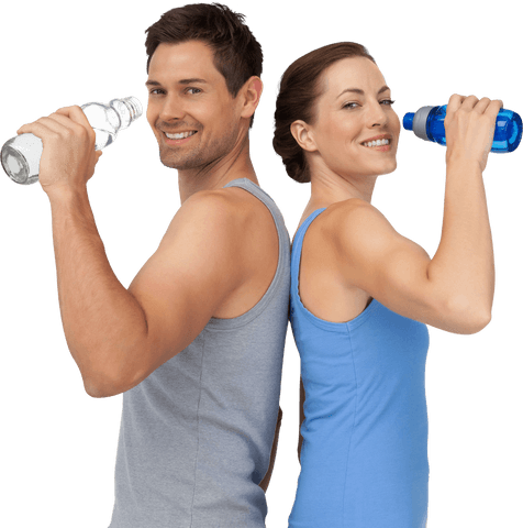 Fit smiling couple holding water bottles on transparent background