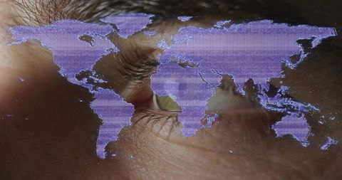 Close-up male eye with holographic world map overlay, purple glitch texture, global network