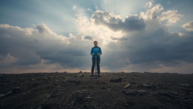 Lone hiker standing on rocky plateau holding trekking poles under dramatic sunrays