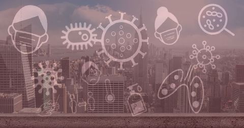 Covid-19 pandemic concept with floating icons over cityscape
