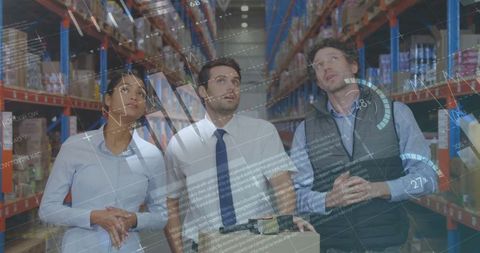Innovative team analyzing digital warehouse data