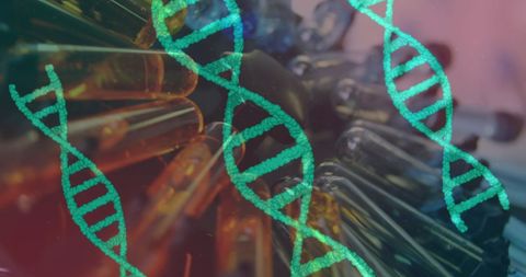 Rotating DNA Strands with Colorful Test Tubes Background