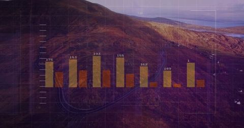 Aerial View and Data Visualization Over Rugged Terrain