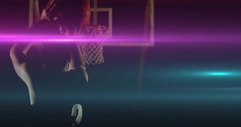 Silhouette basketball player dunking with magenta and cyan light bands, cinematic action