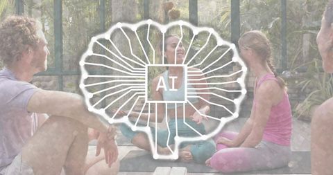 Yoga instructor leading group meditation with ai brain graphic overlay in tropical retreat