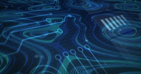 Holographic Topographic Circuit Map with Glowing Contour Lines and Node Markers