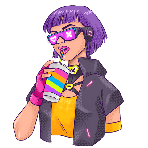 Stylized cyberpunk female sipping striped drink with neon glasses
