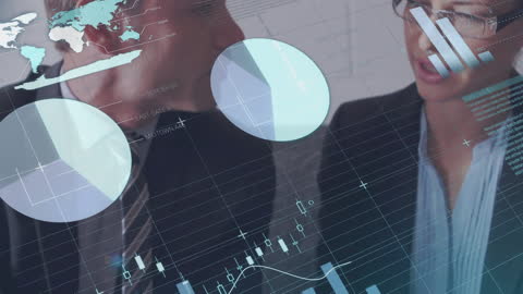 Business Team Analyzing Financial Data with Graphical Overlays