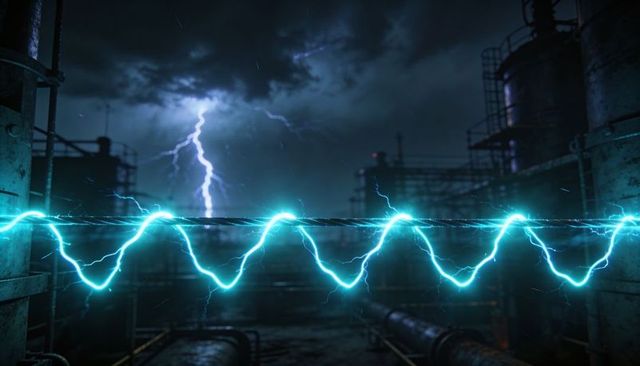 Sparking high-voltage cable sending neon blue electric arcs across refinery stormy night