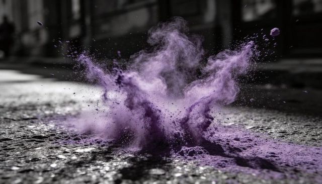 Exploding purple powder plume rising from urban asphalt with sunlit bokeh