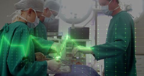 Medical team conducting complex surgery with heartbeat overlay