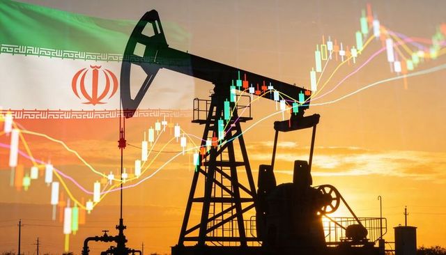 Iranian oil market surge pumpjack silhouette at sunset with stock chart overlay