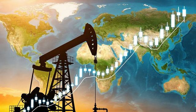 Global oil market pumpjack silhouette showing candlestick chart rising over world map