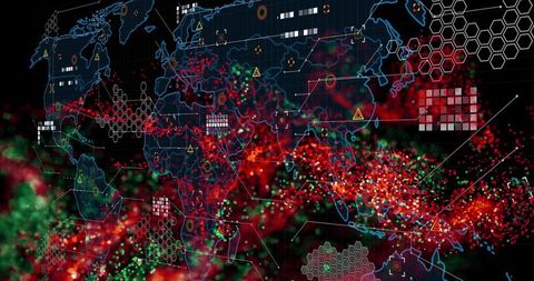 Futuristic Global Neural Network Map with Data Analytics Display