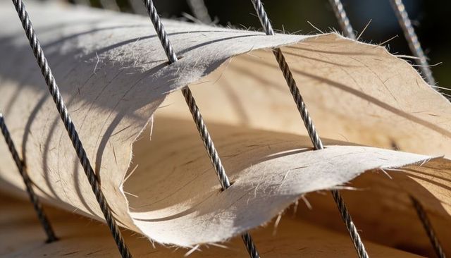 Curling birch wood shaving looping through braided steel cables macro natural texture