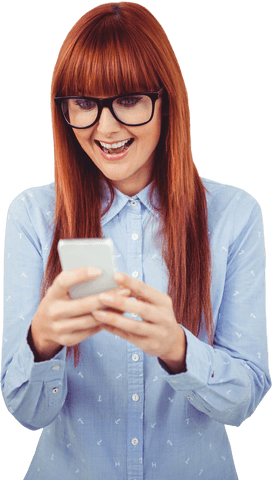 Transparent smiling redhead woman texting on smartphone