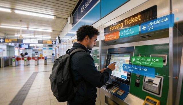 Commuter choosing foreign ticket at touchscreen kiosk in modern transit concourse with backpack