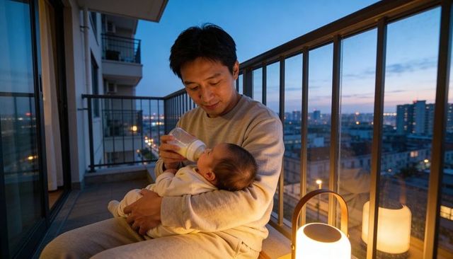 Father feeding infant on urban balcony at dusk - evening bonding and parenting care