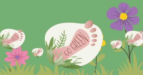 Eco-friendly footprint with vibrant flowers on green background