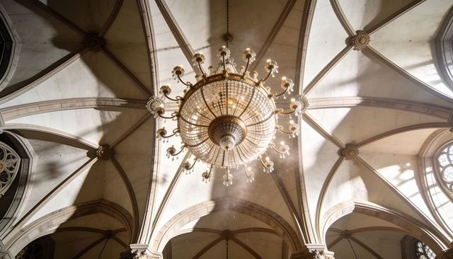 Golden crystal chandelier casting warm glow across gothic cathedral rib vaults